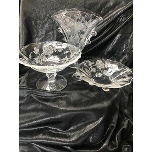 Vintage Heisy Rose patterned glass three piece set